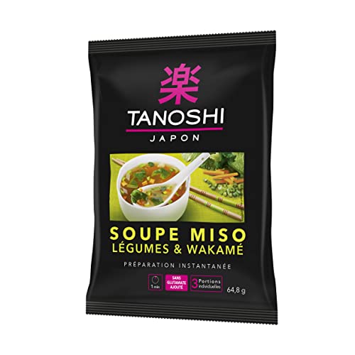Tanoshi Sopa de verduras y wakame de miso de preparación instantánea con 3 porciones individuales, bolsa de 64,8 g