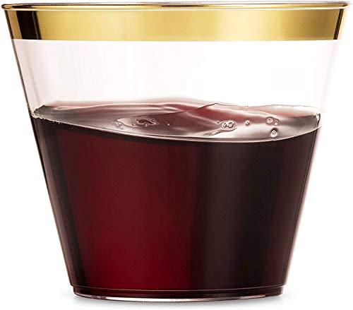 Munfix 600 Piece Gold Dinnerware Set - 100 Gold Rim 10 Inch Plastic Plates 100 Gold Rim 7 Inch Plates -300 Gold Plastic Silverware - 100 Gold Plastic Cups - 100 Guest Disposable Gold Dinnerware Set #TOP7