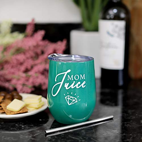 Mom Stainless Steel Wine Tumbler - 12Oz With Steel Straw, Bpa Free Lid, & Straw Cleaning Brush - Stemless Insulated Wine Tumbler With Lid - Gift For Mothers Who Love Coffee, Tea - Mom Juice #TOP6