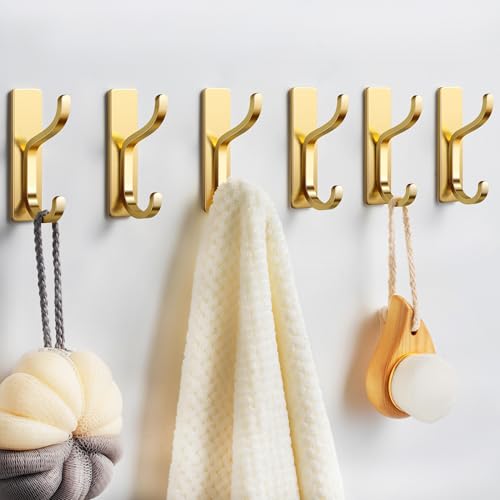 niffgaff Wall Hooks for Coat and Towel: 13lb Adhesive Door Hanger Stick On, Sticky Hook for Wall, Closet, Bathroom - Stainless Steel, Brushed Gold, 6 Pack