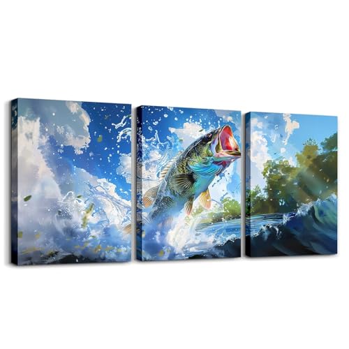 Loussiesd Bass Fish 3er Poster Set für Wohnzimmer Jagd und Angeln Wandbilder Set für Schlafzimmer Rustic Fish Farm Leinwandbilder Poster & Kunstdrucke