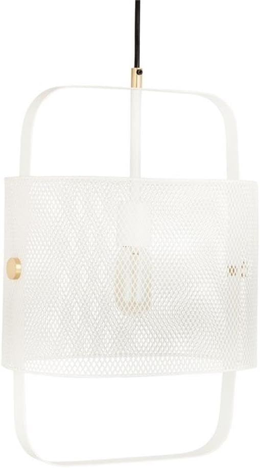 Pemberly Row Industrial Iron Pendant Light, White Finish, 13" W x 8" D x 19" H, Brass Accents, Perforated Shade, Hardwired Design, 67" Cord, Fits E26 Bulb, Modern Indoor Lighting for Dining Room or