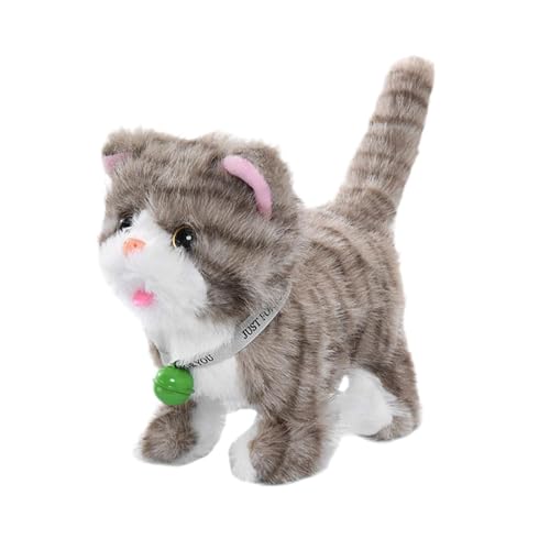 Sharplace Electric Stuffed Walking Cat Plush Toy with Record & Repeat Interactive Meow Kitten, Tail Wagging, Versatile for Child's Gift 7x4x6.7inch Simulation Electronic Pet Toy, Light Gray Stripes