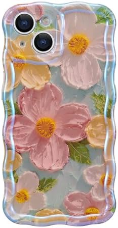 EYZUTAK Case for iPhone 11, Colorful Retro Oil Painting Flower Laser Beam Glossy Pattern Cute Curly Waves Border Exquisite Phone Cover Stylish Durable Soft TPU Protective Case for Girls Women - Green