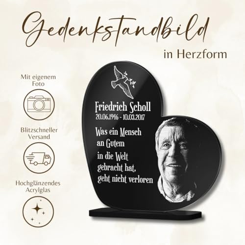 CHRISCK design Gedenktafel mit Gravur Fotogravur - Grabstein für verstorbene Menschen Herz stehend - Grabschmuck graviert für Hunde & Katzen - Grabplatte im Kerzenschein Leuchtend - Gedenkstandbilder