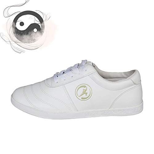 BAIYAN Unisexe Leather Chinese Traditional Kung Fu Shoesï¼ŒBreathable Non Slip Martial Arts Sneaker Sports Shoes, Chi Kung Wingchun Wushu Tai Chi Shoes White Sole/Yellow logo-41