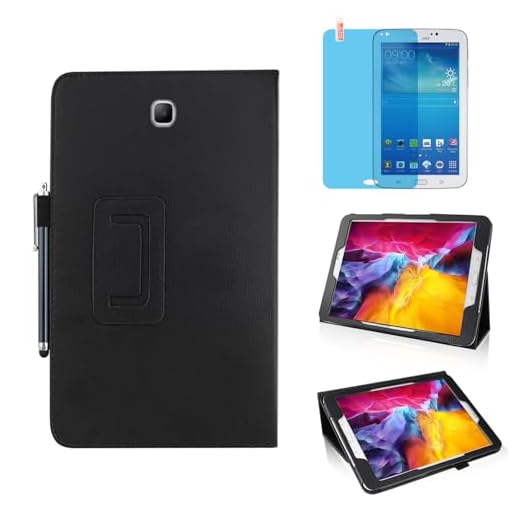 Slim Leather Case for Samsung Galaxy Tab 3 7.0 Inch 2013 (SM-T210 T215 P3200), Multi-Angle Stand Full-Protective Tablet Cover Book Case with Stylus Pen,Screen Film (Black)
