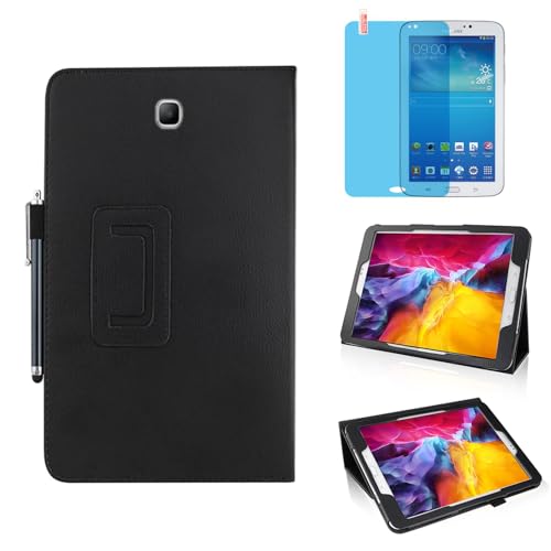Slim Leather Case for Samsung Galaxy Tab 3 7.0 Inch 2013 (SM-T210 T215 P3200), Multi-Angle Stand Full-Protective Tablet Cover Book Case with Stylus Pen,Screen Film (Black)