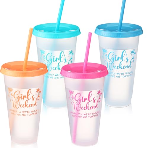 CHENGU 4 Pcs Girls Weekend Gift Favors for Women Girls Weekend Cups with Lids and Straws 24 oz Plastic Tumbler Gift Travel Friendship Drink Cooler Cup for Friend Bachelorette Vacation (Clear Color)
