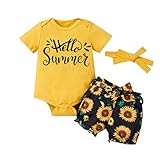 Newborn Baby Girl Hello Summer Romper Tops Sunflower Shorts Headband 3Pcs Outfit (Yellow, 12-18...