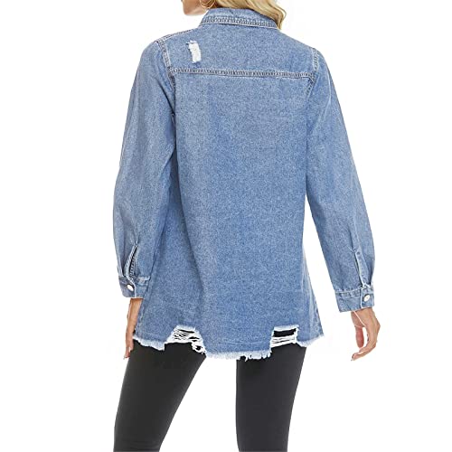 Womens Denim Ripped Distressed Button Down Mid Long Casual Jean Jackets3