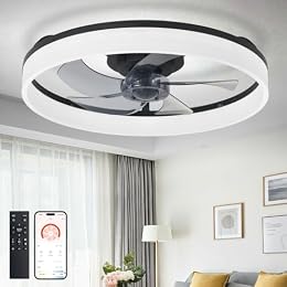 DLLT Bladeless Ceiling Fan with Light: 20" Modern Low Profile Flush Mount Fandelier with App & Remote Control - Black Dimmable LED Ceiling Fans for Bedroom Kids Room Living Room