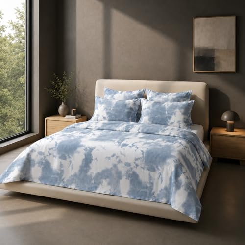 Image of VELOURA Tie-Dye Bedsheet Set, 100% Cotton, King Size 108x108 Inches, 300 Thread Count, with 2 Pillow Covers (Dark Blue)