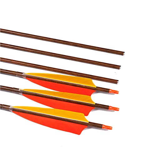 Linkboy Archery Carbon Arrows Hunting Shooting Arrows Wood Skin Shaft Traditional Looking Turkey Feather Removable Tip For Compound Recurve Long Traditional Bow Spine 450 32 Inch Pack Of 12Pcs #TOP5