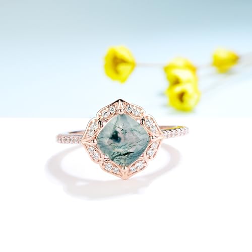 Natural Moss Agate Gemstone Rings for Women Solid 925 Sterling Silver Rings for Women Trendy Cusion Engagement Wedding Ring Gift4