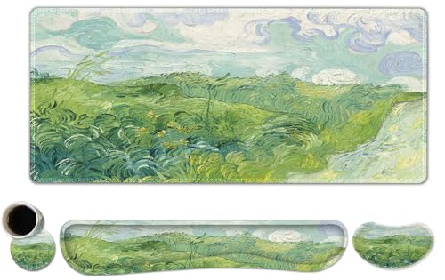 ToLuLu Extended Gaming Mouse Pad, Memory Foam Ergonomic Keyboard Mouse Wrist Rest Support Set, Large Desk Mat with Stitched Edges, Non-Slip Base Mousepad for Home Office Game and Study, Green Theme