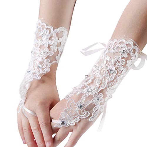 CRIZAN NEW White Girls Lace Flower Crystal Gorgeous Fingerless Glove Short