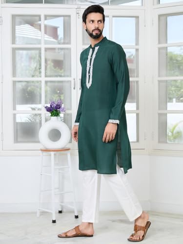 Image of See Designs Men's Full Sleeve Mandarin Collar Floral Embroidered Mandarin Collar Thread Work Straight Long Kurta - Festive Collection