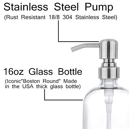 2 Pack Thick Clear Glass Pint Jar Soap Dispenser With Silver Stainless Steel Pump, 16Ounce Clear Boston Round Bottles Dispenser With Rustproof Pump For Essential Oil, Lotion Soap #TOP2