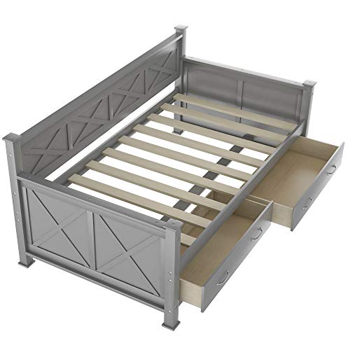 Oudiec Twin Daybed With Storage Drawers,Solid Pinewood Bedframe With Guardrail For Boys/Girls/Teens/Kids Bedroom,No Box Spring Needed,Gray #TOP4