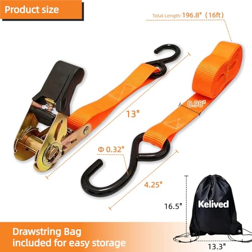 Kelived 8PK Ratchet Tie Down Straps - 1in x 16feet, 1760LBS Break Strength, Wear-Resistant Webbing with Non-Slip Rubber Handle, S-Hooks & Storage Bag by Kelived - Image 3