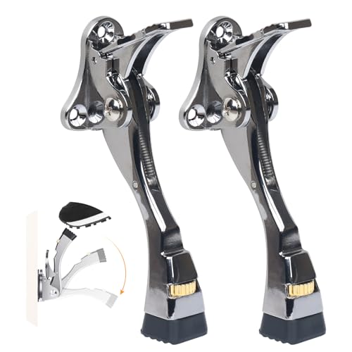 2 Packs Heavy Duty Kickdown Door Stopper, One Touch Adjustable Kickdown Door Stop for Heavy Doors, 4 in Metal Door Kickstand with Rubber Tip & Wall Protectors for Wide Doors- Sliver