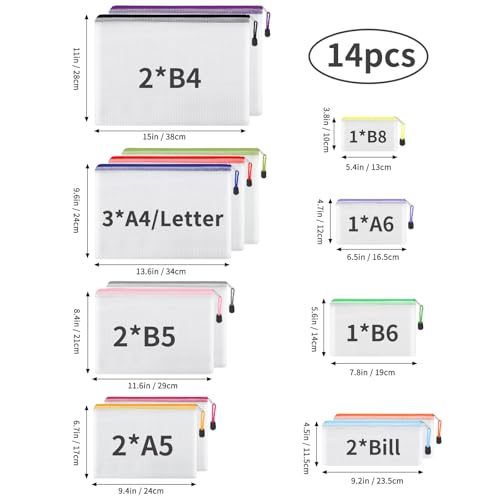 Image of EOOUT 14pcs Zip Pouch Organizers, Mesh Bags with Zipper, 8 Sizes 14 Colors, Waterproof, for Travel, School, Office & Home