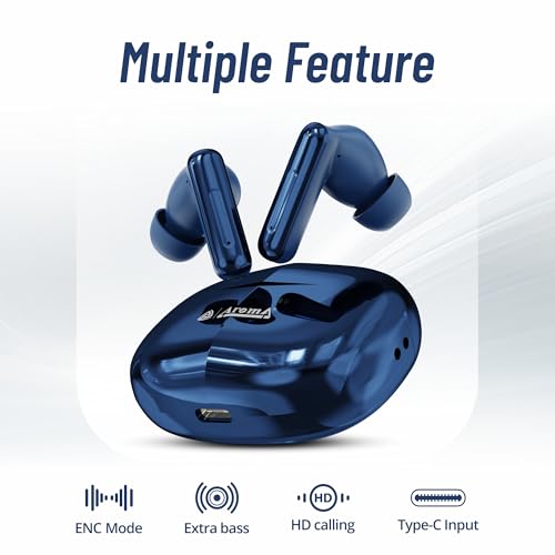 Image of AROMA TWS1 Pulse V5.4 True Wireless Earbuds, Shiny Blue | Bluetooth Headphones, Up to 60H Playtime, ENC, Fast Charging, Heavy Bass