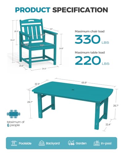 Image of Ciokea HDPE Outdoor Dining Set of 6, Patio Table and Chairs Sets, Lake Blue