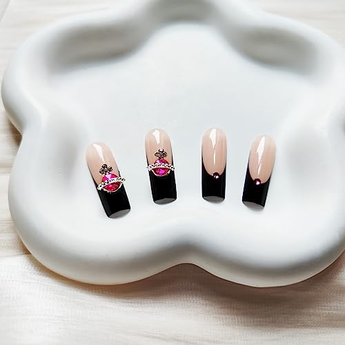Black French Tip Press On Nails Long Fake Nails Square False Nails With Red Rhinestone Design Full Cover Acrylic Nails Artificial Nails Glue On Nails Glossy Stick On Nails For Women Girls 24Pcs #TOP1