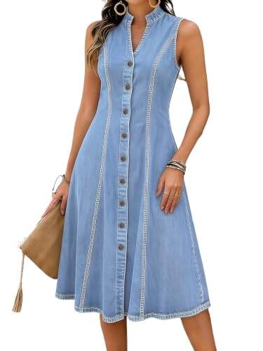 chouyatou Women's Sleeveless Denim Tank Dress V Neck Button Front A Line Midi Jean...