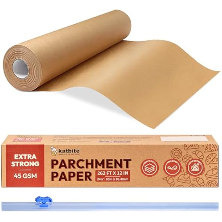 Unbleached Parchment Paper Roll for Baking 12in x 262ft, 260 Sq.Ft, Heavy Duty & Non-stick Baking Paper with Slide Cutter, Brown Parchment Paper for Cooking, Air Fryer, Steaming, Bread