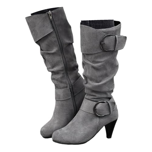 Xbemkste Bottes longues en daim pour femme - Boucle de ceinture - Bottes larges avec talon - Bottes western hautes - Bottes d'hiver élégantes, gris, 38.5 EU