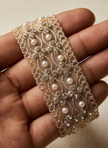 Image of Strala Golden Color Laces for Dresses, Sarees, Lehenga, Suits, Bags, Decorations, Borders, Crafts and Home Decor,Blouse (3 mtr) Design-117 (Premium moti jarkan)
