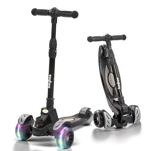 Baybee Penta Scooter for Kids, 3 Wheel Kids Scooter, Smart Kick Scooter with Foldable & Height Adjustable Handle, Scooter with LED PU Wheels & Brake, Skate Scooter for Kids Age 3-10 Years (Black II)