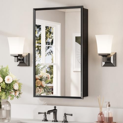 Keonjinn 14" x 24" Small Black Medicine Cabinet Mirror, Assembly Required