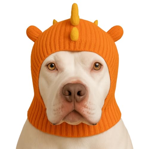 LovinPet Dinosaur Dog Hat Snood for Medium & Large Dogs, Dino Costume Ear & Neck Warmer, Soft 4‑Way Stretch Knit, Adjustable Fit, One Size,Orange