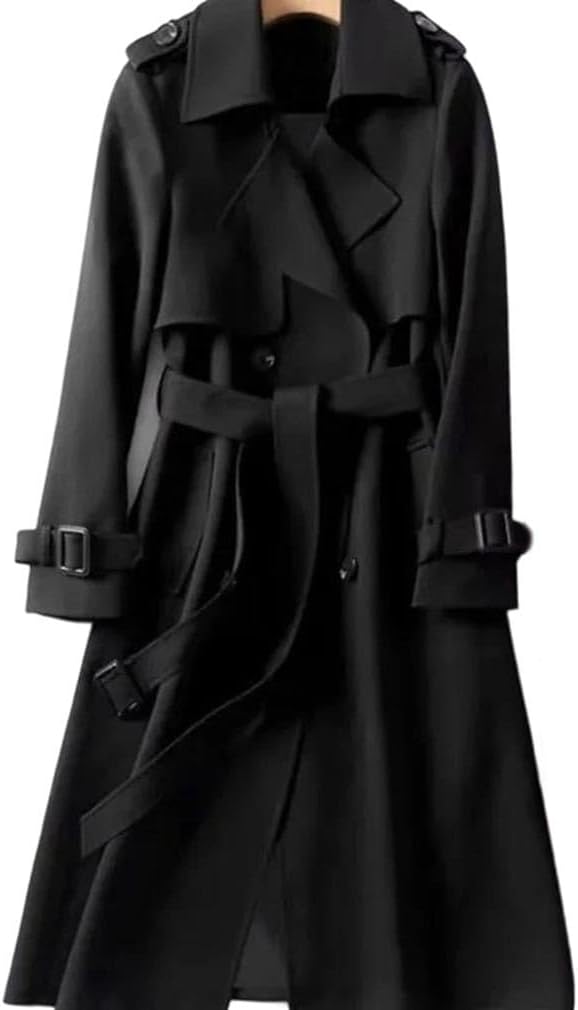 Women Trench Coat Long Design With Belt Solid Color Double Breasted Classic Outerwear
