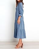 BTFBM, Luźna sukienka damska, z długim rękawem, okrągły dekolt, jesienna, styl boho, luźny krój, kwiatowy wzór, płynna sukienka maxi, stopniowana sukienka koktajlowa, szary/niebieski, M