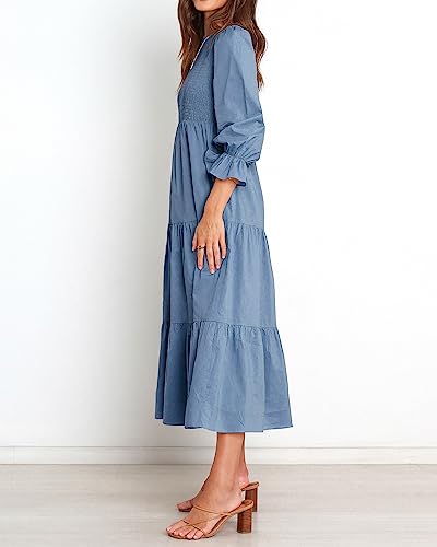 BTFBM Women Casual Long Sleeve Crew Neck Fall Dress Bohemian Relaxed Fit Floral Flowy Maxi Dresses Tiered Cocktail Dress