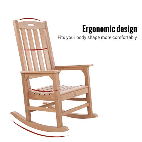 Outdoor/Indoor Rocking Chair with 350lbs Weight Capacity, OT QOMOTOP Fade-Resistant Porch Rocking Chair, Weatherproof Rocking Chair, Outdoor Rocker for Relax, 34L 27W 46.8H (Teak Color) - Thumbnail 4