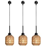 Wanluce 3 Lights H Type Tracking Lighting Pendants Ceiling Track Hanging Light Fixture with Hand-Woven Rattan Shade, H-Type Tracking Boho Pendant Lighting Fixtures for Kitchen Island, Dining Room