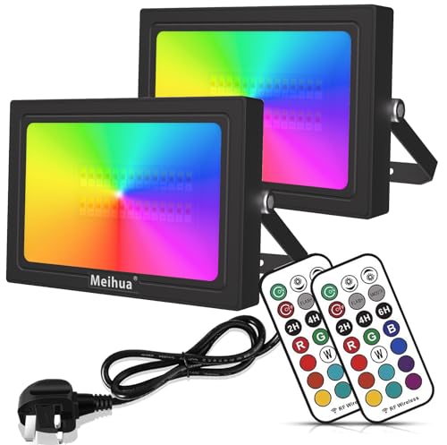 MEIHUA 35W RGB Flood Lights Outdoor Garden Lights 360 Degree RF Remote Control Auto Timer Color Changing Led Flood Lights for Christmas Halloween Outdoor Stage Lights Pond Gazebo Light Pack of 2