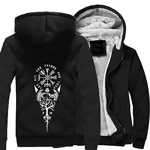 ZFSBRTL Sweat Capuche Peluche pour Homme Polaire avec Fermeture Éclair, Nordic Vegvisir Rune Print Tattoo Sweat-Shirt Vêtements Viking Totem Winter Warm Hooded Jacket,A,XXL