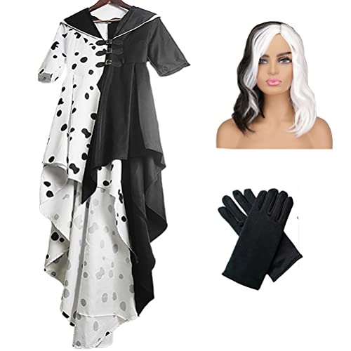 BTSEURY Cruella Deville Fantasia feminina metade preta e metade branca peruca vestido curto de Hallo
