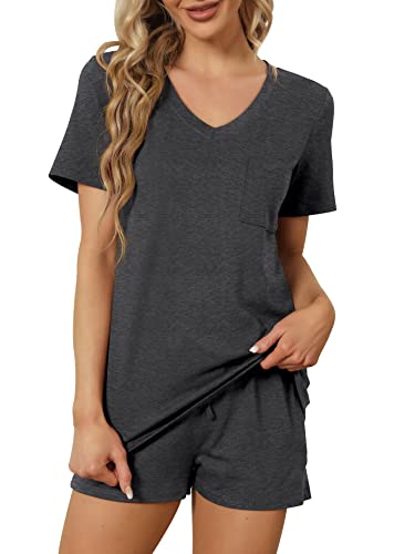 Image of RUBZOOF Women's Short Sleeve Pajama Sets with Pockets Casual V Neck 2 Piece Lounge Sets S-3XL