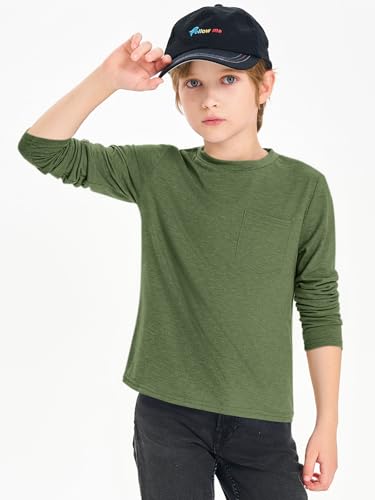 Haloumoning Boys Long Sleeve Shirts Kids Crewneck T Shirts Casual Tops Tees with Chest Pocket 5-14 Years - Image 3