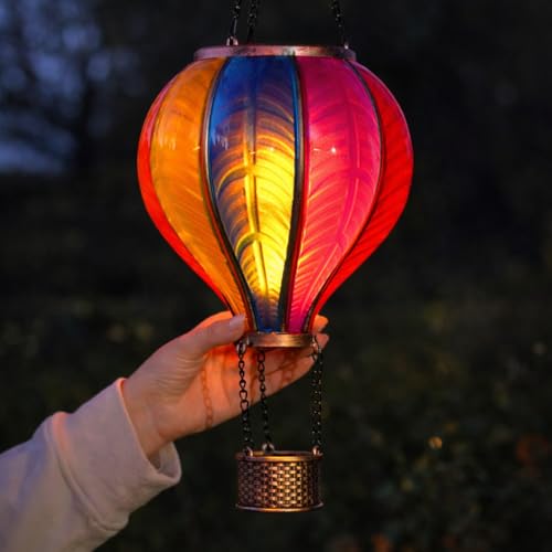 Festive Lights - 62cm Solar Power XL Rainbow Stain Cool Fiesta Realistic Flame Outdoor Hanging SMD LED Hot Air Balloon Lantern - Multicoloured Glass Effect Flaming Garden Light with Handle