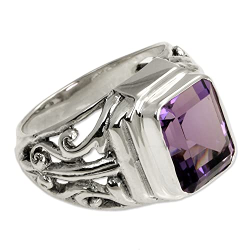 NOVICA Artisan Handmade Men's Amethyst Ring .925 Sterling Silver Purple Single Stone Indonesia Birthstone 'Wisdom Warrior'