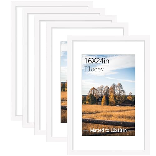 Flocey 16x24 Picture Frame Set of 5, White Poster Frame, Display Pictures 12 x 18 with Mat or 16x 24 Without Mat for Horizontal or Vertical Wall Mounting, Wall Gallery Frame for Artwork